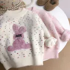 2024 Ultimo maglione per ragazza con coniglio rosa per bambini alla moda e carino Maglione per ragazza con perline di cartone animato Maglieria per ragazza