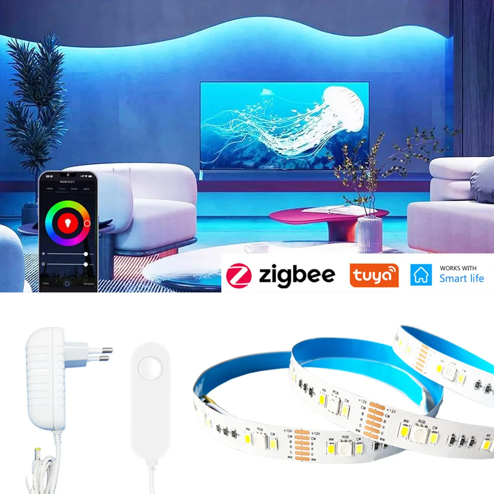 Tuya Zigbee 3.0 RGB + CCT Striscia LED 5050 12V 1m 2m 3m 4m 5m RGBCW Fascia flessibile dimmerabile F Alexa Assistente Google SmartThing