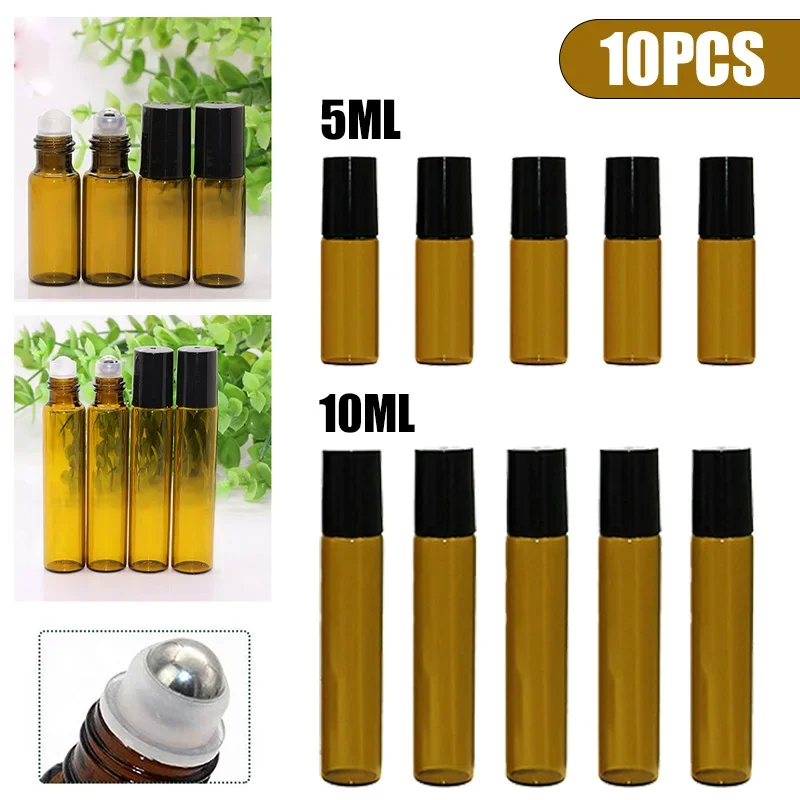 10PCS 5/10ml Braunglas Leere Roll-on-Flaschen Nachfüllbare Probentest Ätherisches Öl Fläschchen mit Roller Ball Flüssigkeitsbehälter Image