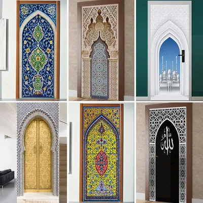 PVC Selbst-adhesive Entfernbare Muslimischen Arabischen Tür Aufkleber Allahu Islamischen Wallpaper Wohnzimmer Tür Decor 3D Aufkleber Wand Aufkleber Image