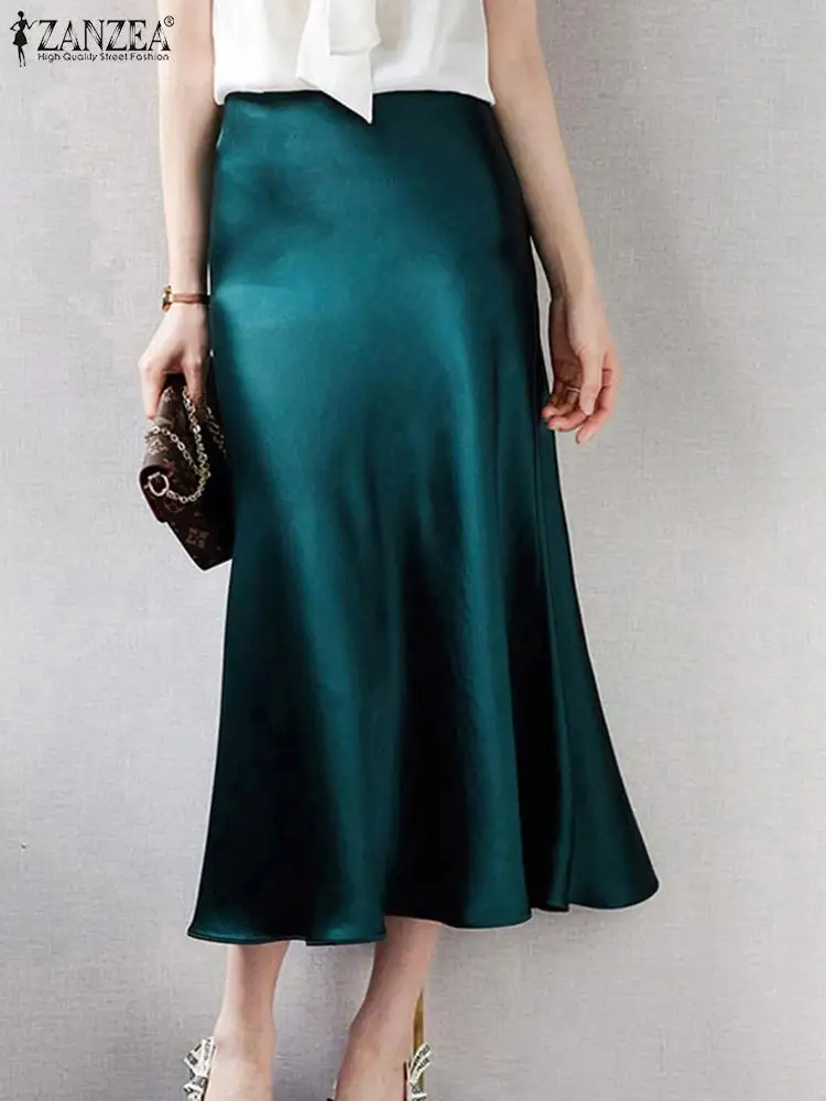 2024 ZANZEA Frauen Elegante Satin Röcke Sommer Hohe Taille Solide Mid-kalb Rock Mode Büro Dame Arbeit Jupe Casual faldas Saia Image