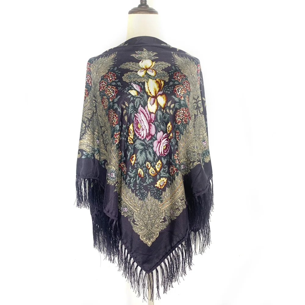 130*130cm ethnischen Stil russischen quadratischen Schal Luxus Frauen Blumen druck ukrainischen Fransen Schal Babushka Bandana Kopf wickel Image