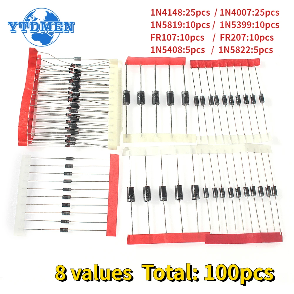 Schnell schaltendes Schottky-Dioden-Kit 1N4148 1N4007 1N5408 1N5819 1N5399 1N5822 FR107 FR207 8 Werte = 100 Stück, Gleichrichter-Dioden-Set Image