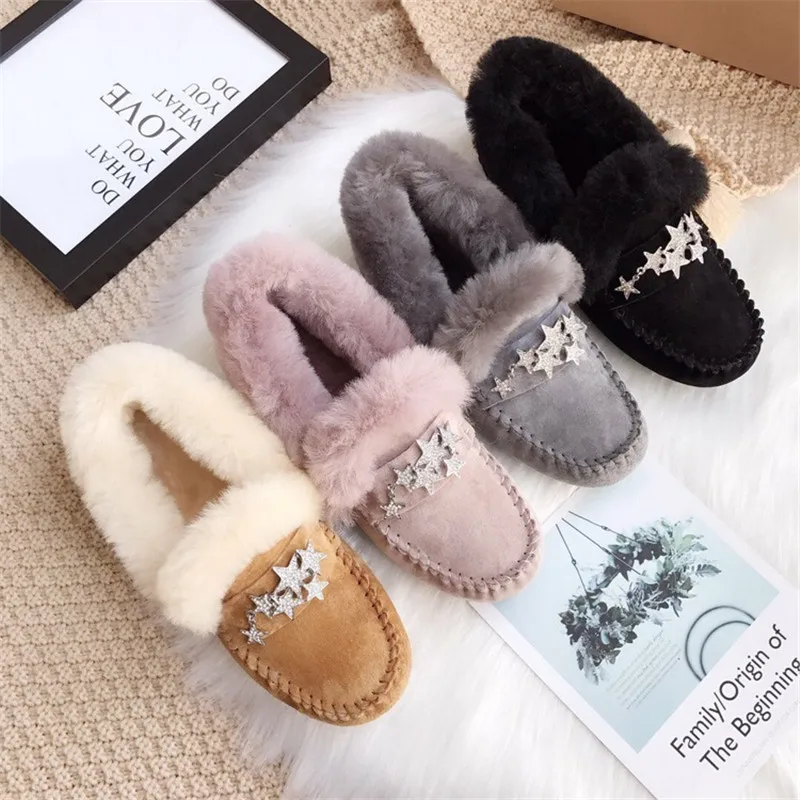 2025 Schuhe Frauen 100 % Natürliche Pelz Schuhe Mokassins Loafers Weiche Echtes Leder Freizeit Wohnungen Weibliche Casual Schuhe Schnee Stiefel