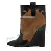 Western gespleißt Keil Stiefeletten Frauen Vintage spitzen Zehen Farb block Wildleder Schuhe Damen Patchwork schicke matte Lederschuhe