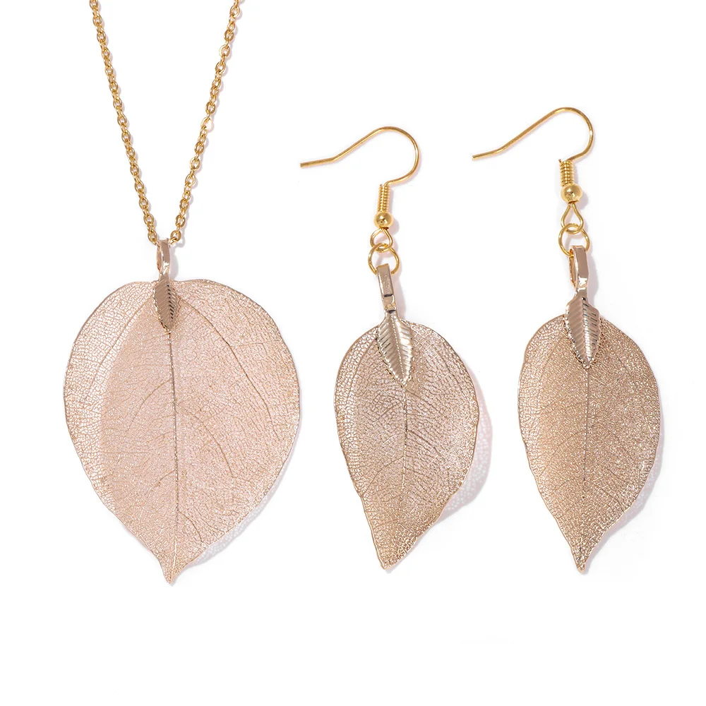 Collane con foglie color oro elettrolitico per le donne Orecchini pendenti con foglie reali naturali Set di gioielli unici per matrimoni bohémien
