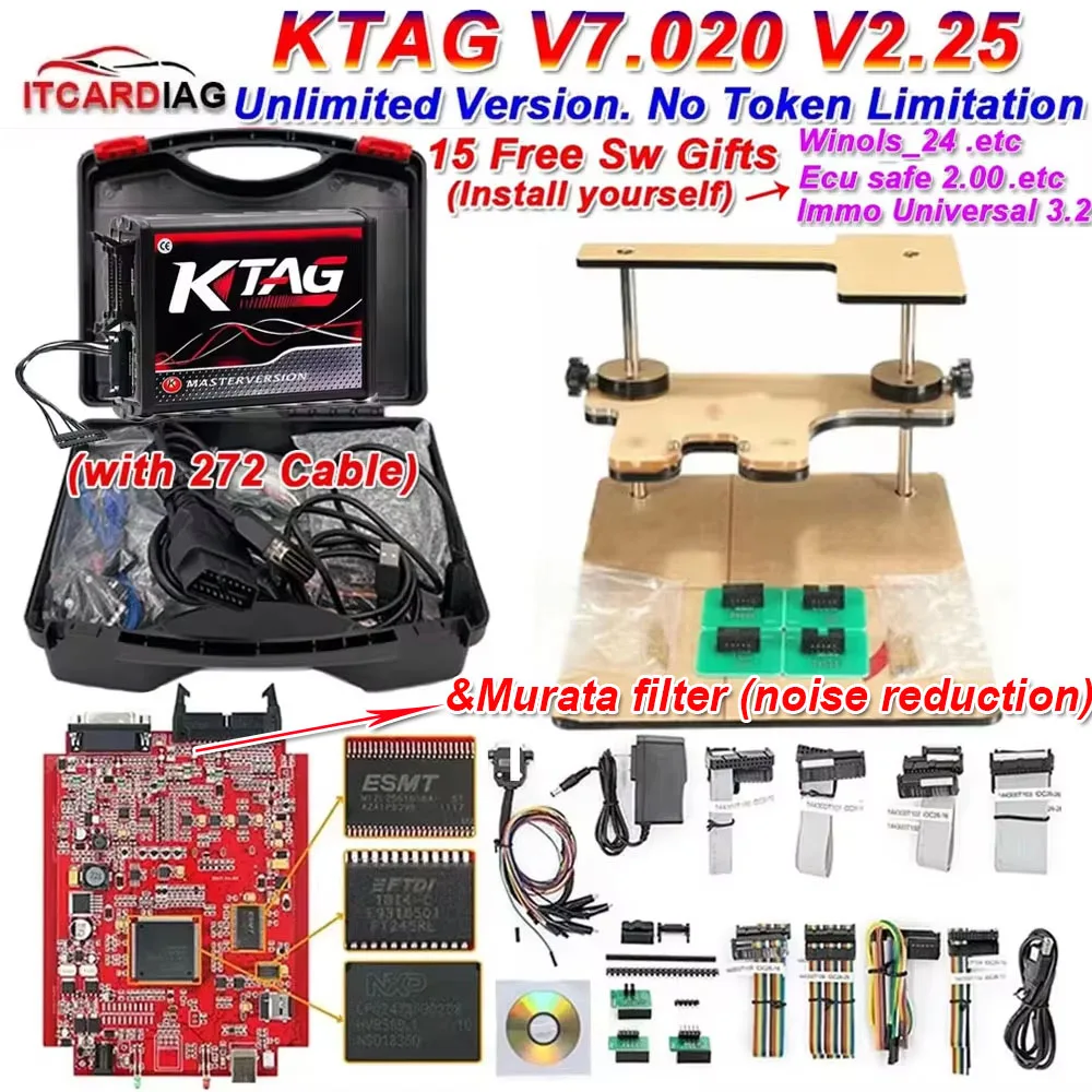 Ktag ecu Programmierer 2026 KTAG V7.020 V2.25 Rote PCB Rot Europäische unbegrenzte Punkte Netzwerkbar online mit neuem Ktag 272 ECU-Kabel Image