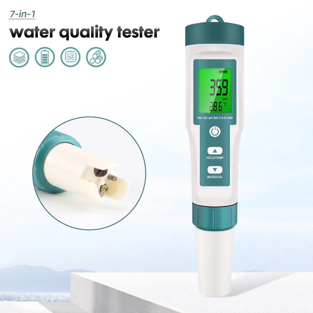 7-in-1-Wasserqualitätsmonitor, PH-Messgerät, S.G ORP, TDS, Salzgehaltstester, EC-Temperaturdetektor, Werkzeug für Poolfilter, Aquarien Image