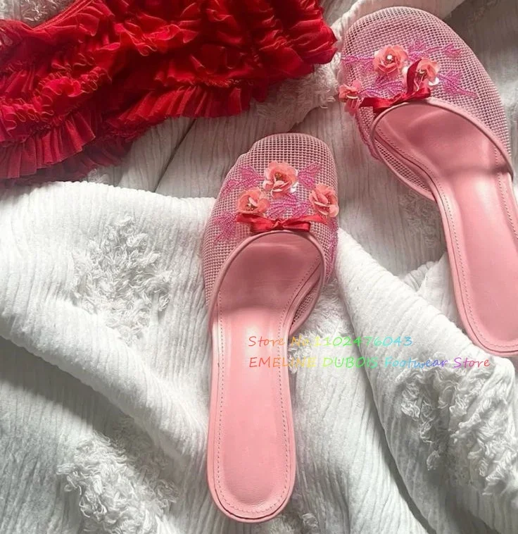 Damen Mesh Pailletten Slide Perlen Chinesische Hausschuhe Blumenverzierte Schuhe Runde Zehen Stiletto Absatz Rosa Schwarz Kleid Schuhe