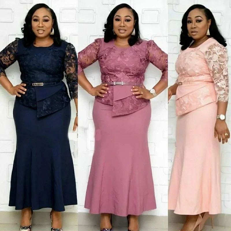 4XL 5XL Plus Größe Weihnachten Kleider Frauen O Neck 3/4 Hülse Lange Maxi Kleid Mode Spitze Patchwork Nacht Party Kleid vestidos