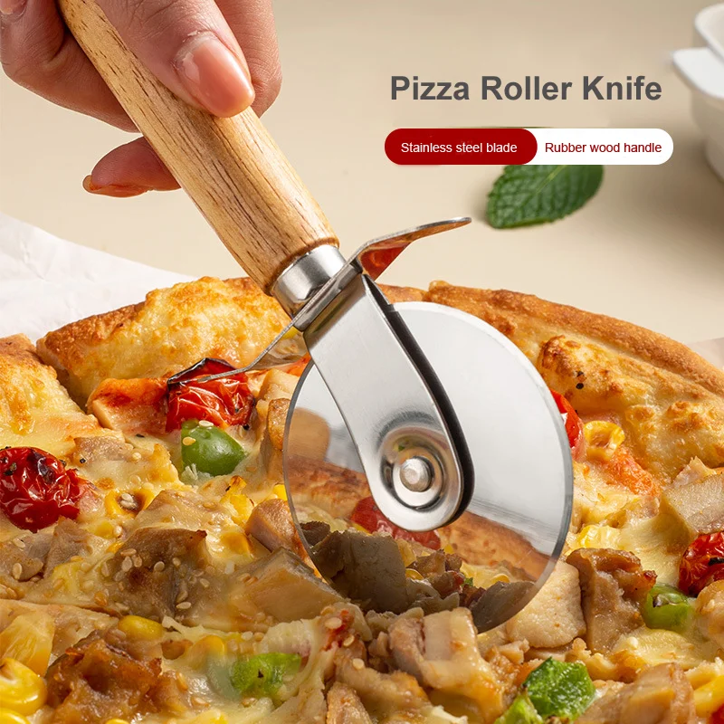 Edelstahl Pizzas ch neider Rad messer Holzgriff Pfannkuchens ch neider Walze Pizza Back-und Schneide messer Küchengeräte Image