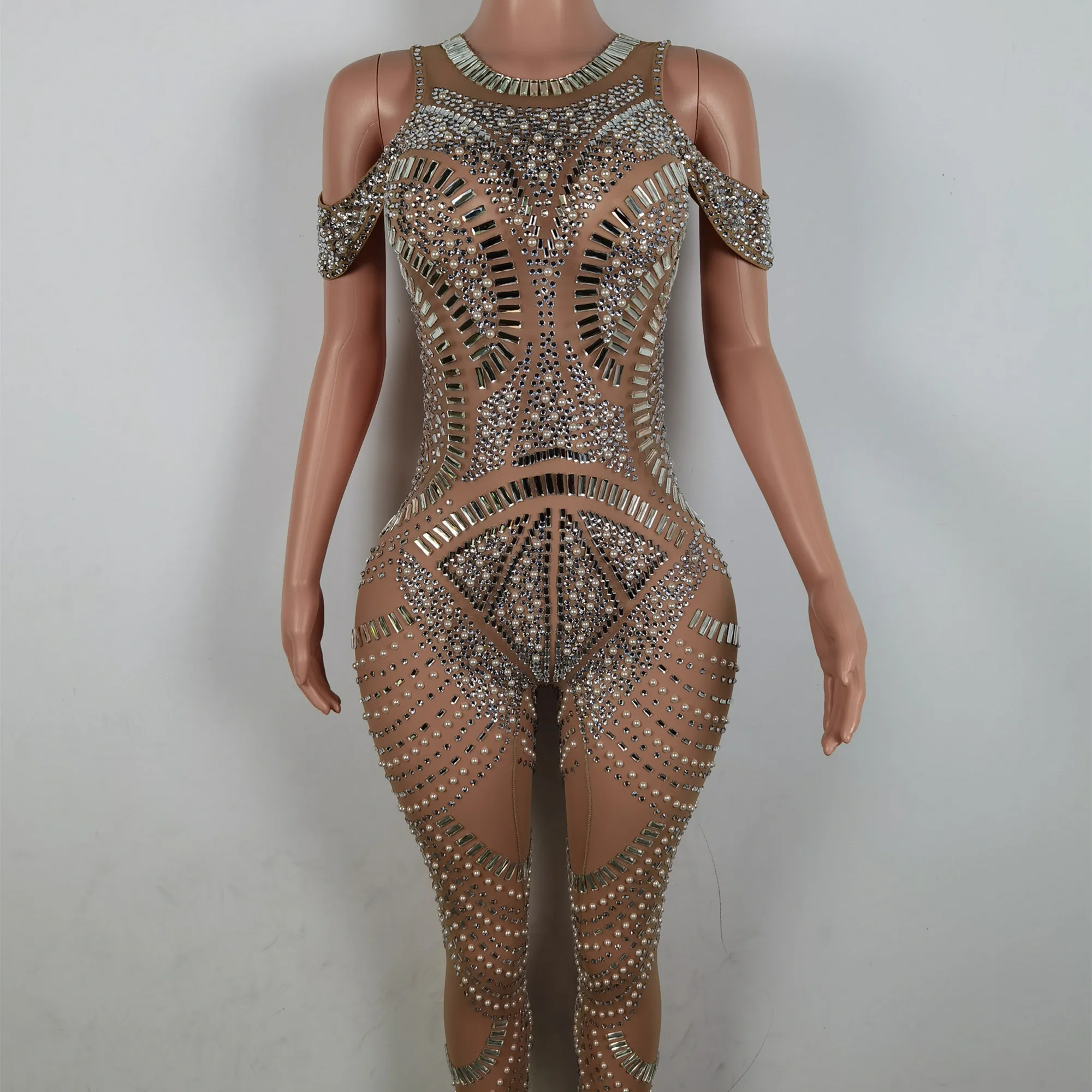 Sexy Kristalle Perlen Stram pler transparente Bodysuit Stripper Dance wear Pole Dance Trikot plus Größe Frauen Club einteilige Overalls