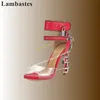 Rot klar PVC Metalls chloss Kristall Sandalen dünne High Heel Frauen Schuhe Knöchel verschluss