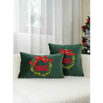 1pc grüner holländischer Samt Weihnachts bogen Kranz Stickerei Kissen Kissen bezug, maschinen wasch Image