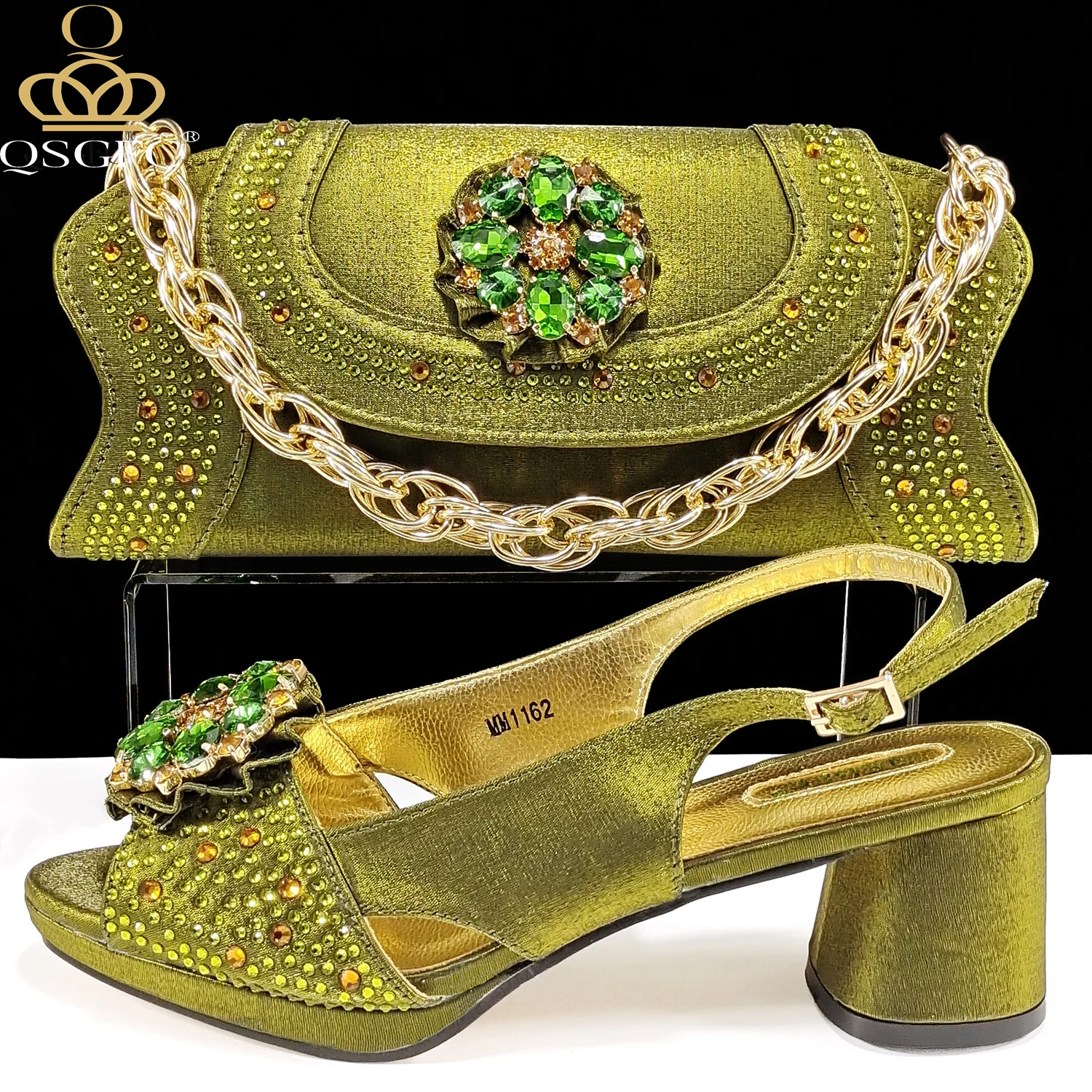 Qsgfc Open Toe Frauen Heels für 2024 elegante Party oliv farbene Diamant Pumps italienische Schuhe und Taschen passendes Set Image