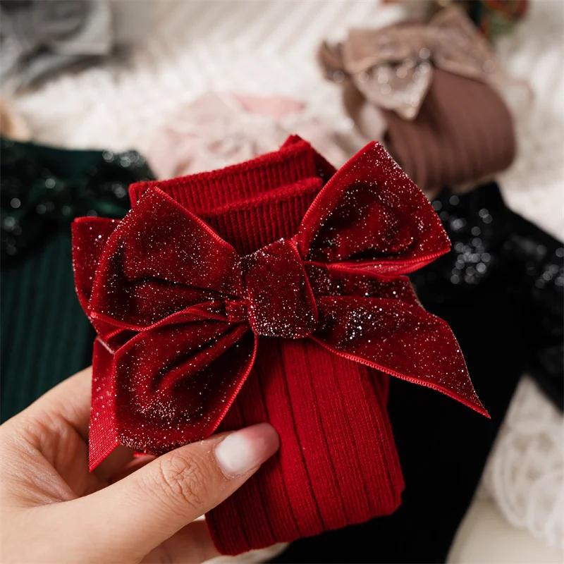 Baby Mädchen Kniestrümpfe Herbst Winter Kinder Großer Bogen Lange Weiche Weihnachten Glitzernde Socke Baumwolle Rot Kinder Socken Für 0-8 Jahre Image