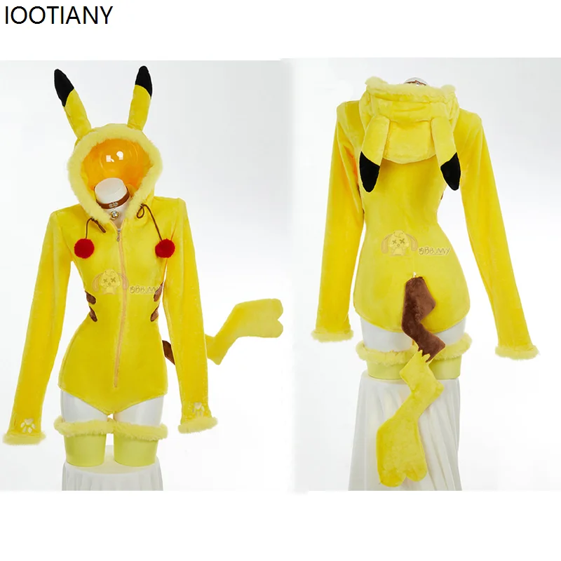 Halloween Anime Cosplay Mit Kapuze Overall Mit Socken Frauen Sexy Gelbe Maus Kostüme Mit Schwanz Karneval Party Kostüm Neue