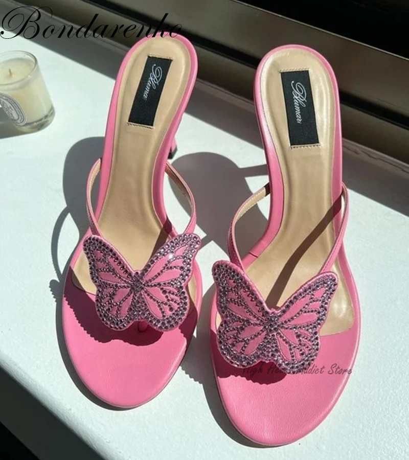 Rosa Kristall Schmetterling Flip Flop Sandalen Damen Stiletto High Heels Slipper Sommer 2025, Designer Party Strandkleid Schuhe Pantoletten