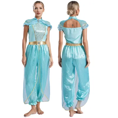 Damen Halloween Arabische Prinzessin Kostüm Edelsteine Pailletten Tüll Strampler Bauchtanz Overall für Karneval Aladin Mottoparty Cosplay Image