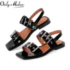 Only maker Frauen quadratische Zehen Schnalle Riemen Wohnungen Sandalen Dame große Größe Sommer Punk