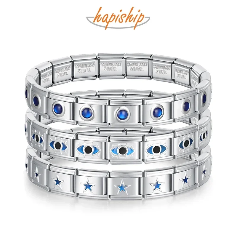 Hapiship Großhandel Armband Schmuck Blaues Herz Runde STERN Itanlian Elastisches Charm Armband Mode Edelstahl Armreif G125 Image