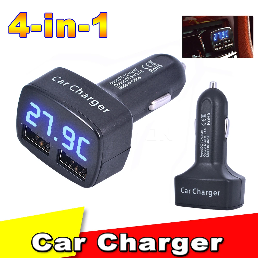 3,1 A Dual-USB-LCD-Display, 4-in-1-Autoladegerät, Schnellladung mit Temperatur/Spannung/Strommesser, Tester, Adapter, Digitalanzeige Image