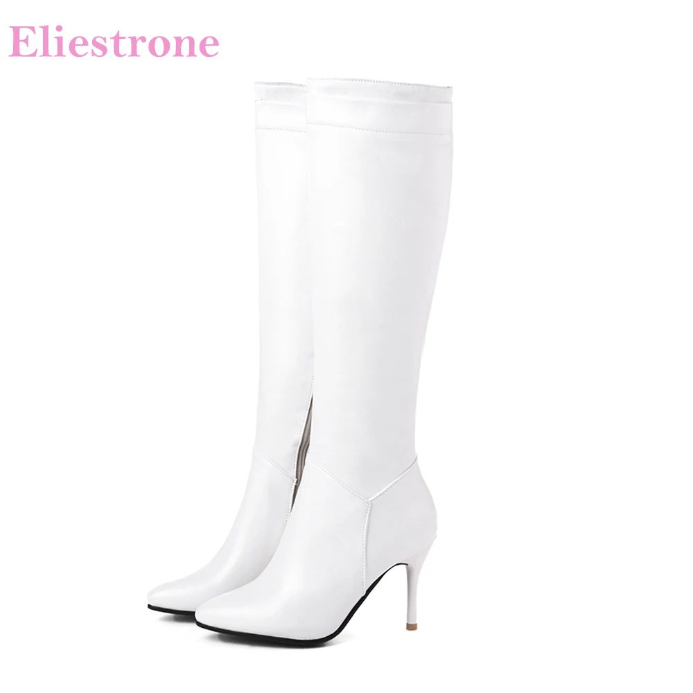 Marke Neue Winter Komfortable Schwarz Weiß Frauen Knie Hohe Nude Stiefel High Heels Dame Kleid Schuhe SH285 Plus Große Größe 10 43 45