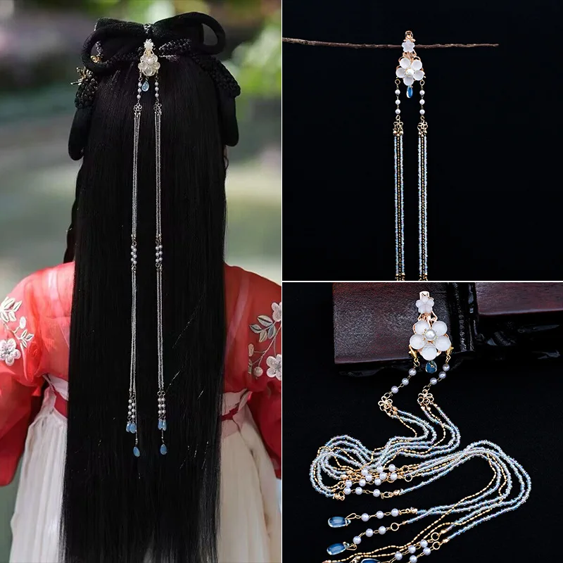 Chinesische Haars pangen lange Quasten Perle Diademe Haarnadel für Hochzeits bankett alten Hanfu Kleid Haarnadel Schritt schütteln Krone Schmuck Image