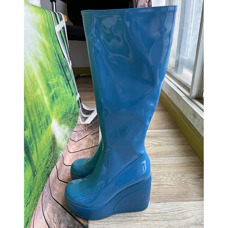 Schwarz weiß Modenschau Hang Absatz kniehohe Stiefel Damen Party dicke Ferse Seite Reiß verschluss Lack leder elastische Stiefel Größe 34-43 Image