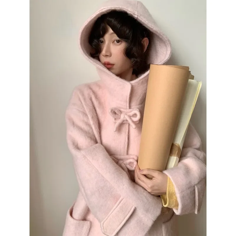 Elegante Bogen amerikanische Vintage Woll mäntel mit Kapuze lässig kawaii lange Jacke Mäntel weibliche Langarm reine Farbe Mäntel