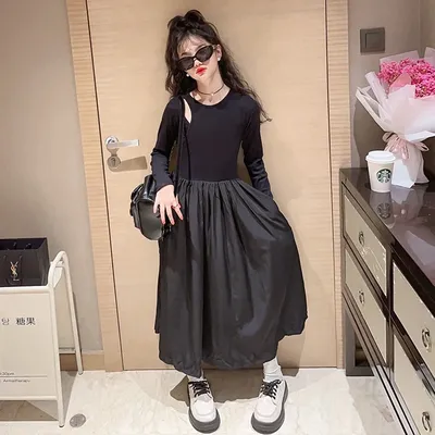 Frühling/Herbst Teenager-Mädchen Langarm schwarze Kleider 10 bis 12 Jahre Kinder elegante Mode lange Kleider Image
