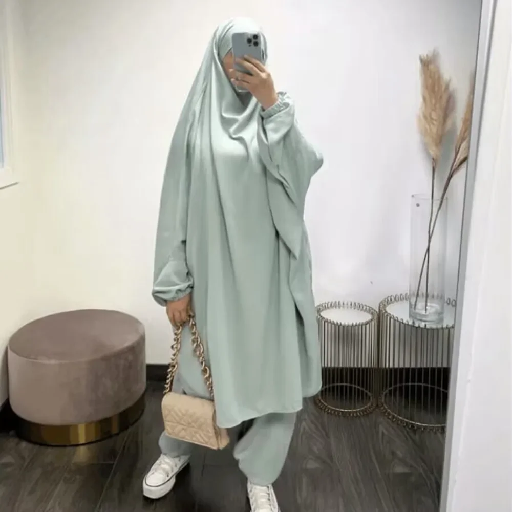 Eid muslimisches Ensemble Frauen Top Robe weites Bein Hosen zweiteiliges Set Marokko Ramadan Dubai Saudi-Anzug arabische weibliche lässige Outfits Image