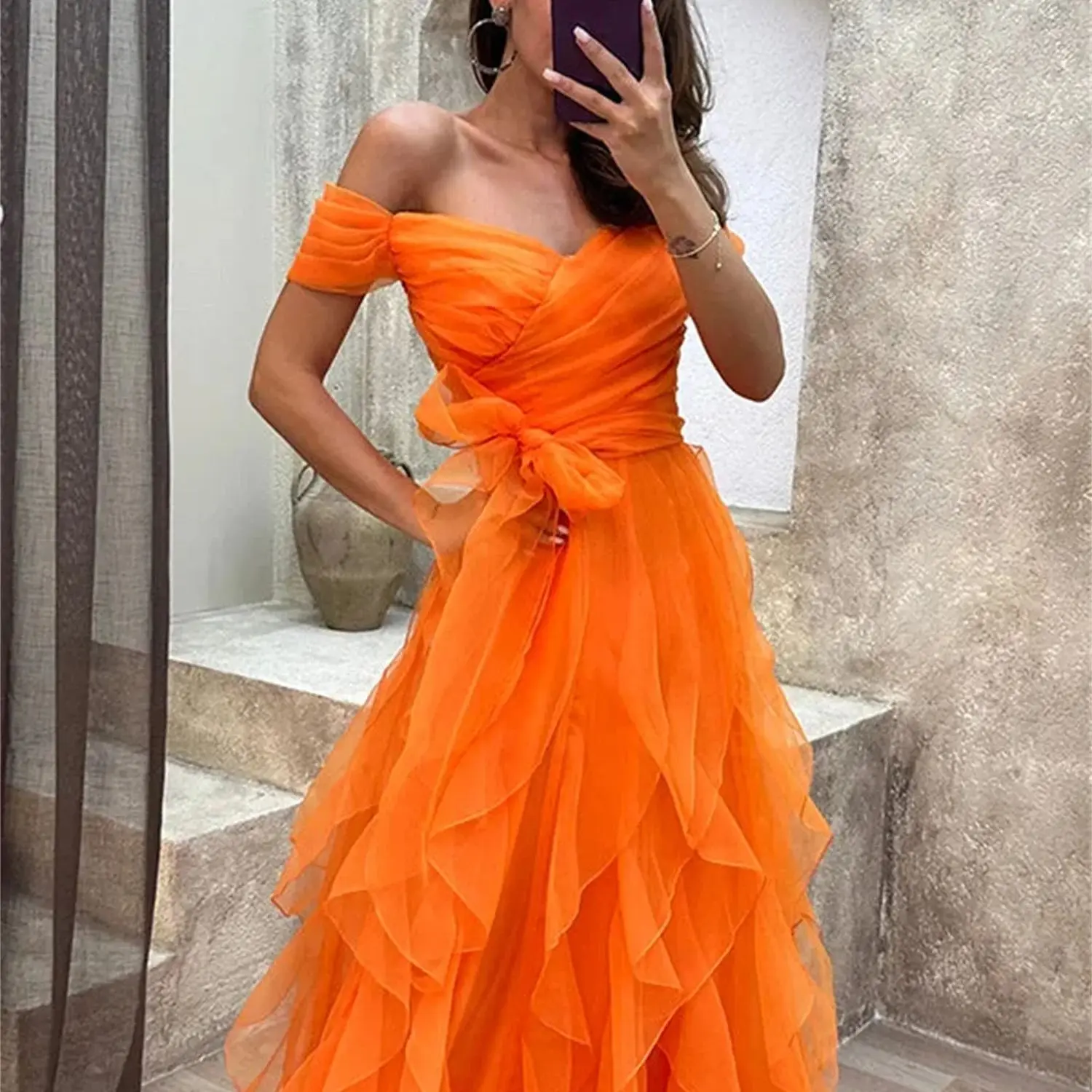 Aileen Grace mehr schicht ige orange Farbe kurze Ärmel elegante Abendkleider für Frauen Luxus Ballkleid 2024 maßge schneiderte Hochzeit