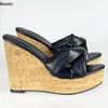 Rontic 2021 Handgemachte Frauen Plattform Maultiere Sandalen Komfort Keile Heels Offene spitze Elegante Schwarz Party Schuhe Damen UNS Größe 5-20