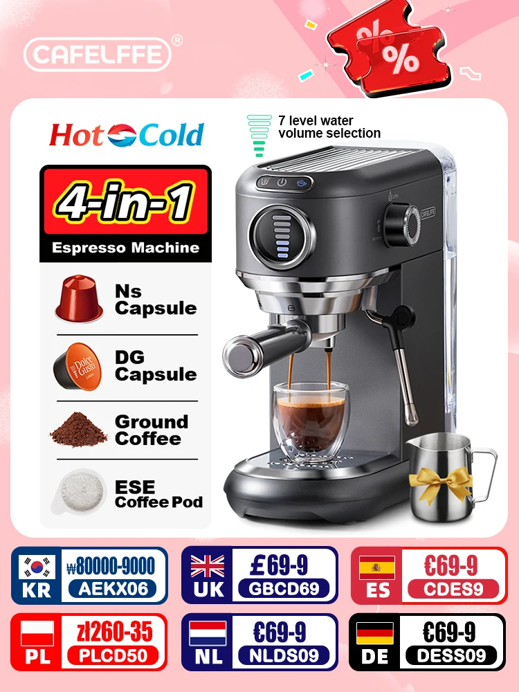 Cafelffe 4-in-1 Cappuccino-Kaffeemaschine für Dolce Gusto, Nespresso-Kapseln, Espresso-Zubereitung mit ESE-Pads und gemahlenem Kaffee, Geschenk für Liebhaber, Vater, Mutter, Cafetera