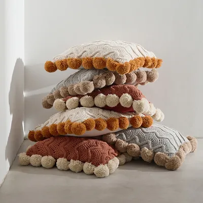 Weicher Kissenbezug, Bommelkugel, Elfenbein, gebrannt, Orange, Grau, gestrickt, nordischer Stil, Kissenbezug, 45 x 45 cm, für Sofa, Schlafzimmer, Zuhause, dekorativ Image