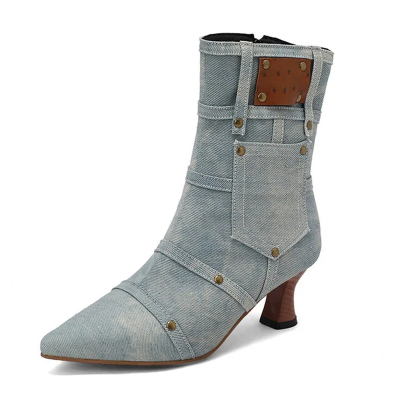 2025 Winter Mode Stiefel Frauen Denim Tuch Spitz Stiefeletten Niedrigen Ferse Benutzerdefinierte Frauen Schuhe botas mujer Plus Größe 43 WSH4932