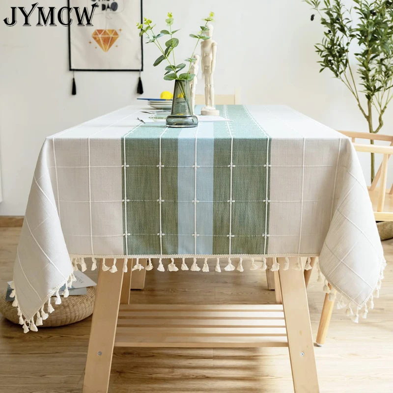 Schwarze und graue Baumwoll-Leinen-Tischdecken, gestreifte Stofftischdecken mit gestreiften Quasten, Küchentischdekoration Image