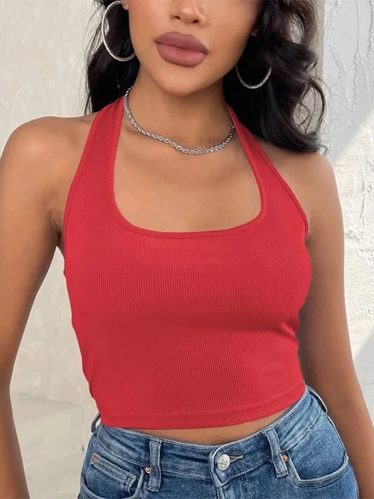 Damen ärmellose Weste gerippt Strick oberteil Neck holder Hals Sommer Basic rot Casual Sport weste schulter frei Damen weste lässig sexy