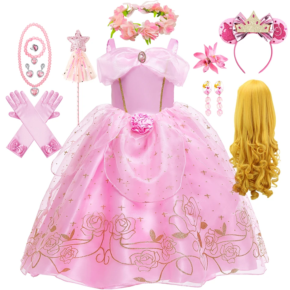 Aurora rosa Prinzessin Kleid Mädchen schlafen Schönheit Cosplay Kostüm Sommer Blumen Rose Print Schlinge Kleider 2-10 Jahre Kinder elegantes Kleid