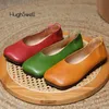 Prägnante quadratische Zehen Leder Slipper Frau weiche Slip-On flache Schuhe Damen Vintage Mokassin Zapatos in rot-grüner Farbe
