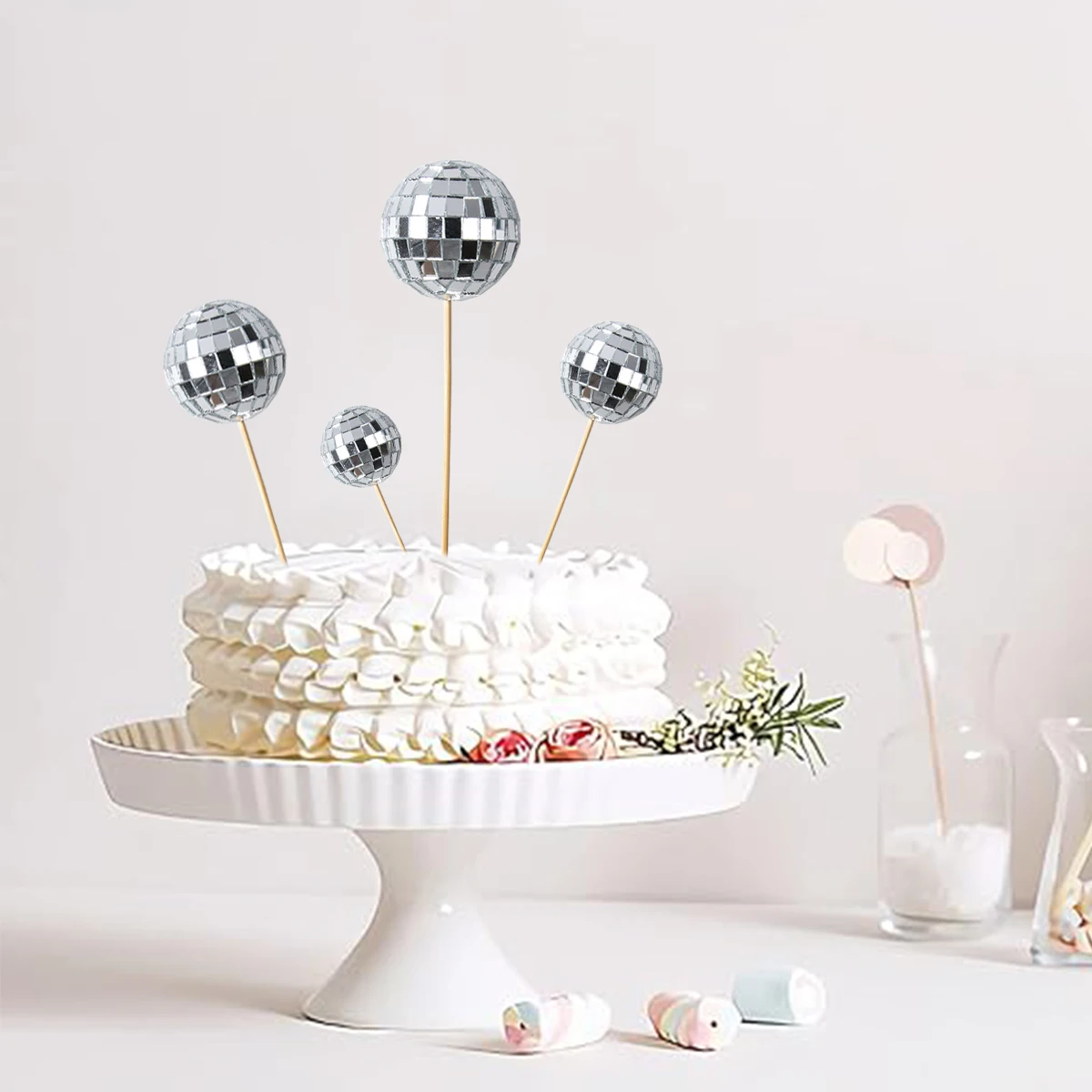 1 Satz Retro Silber Disco Ball Kuchen Topper Spiegel Ball Kuchen Dekorationen Hochzeit Geburtstags feier Kuchen Dekoration Lieferungen Image