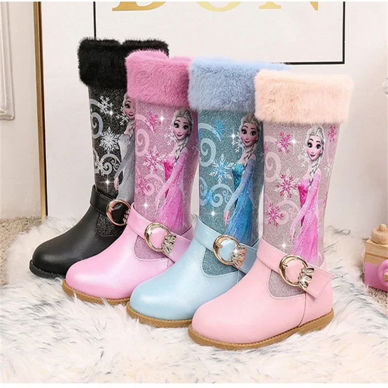 Disney Mädchen Stiefel Herbst High-tube Plus Samt Elsa Prinzessin kinder hochhackigen Stiefel Gefrorene Blau Warme Schuhe größe 25-36