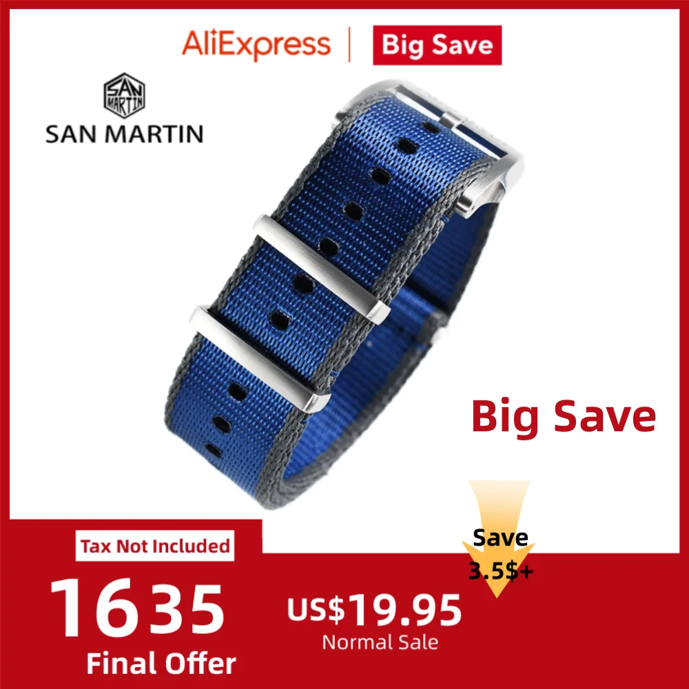 San Martin Premium Nylon Uhrenarmband 20mm 20mm Armband Army Logo Dornschließe Universal Pilot Armband Ersatz N113A Image