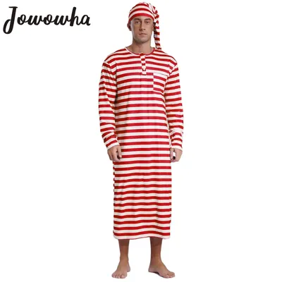 Herren Weihnachten Gestreifte Schlaf Robe mit Hut Set Langarm Lose Lange Roben Pyjamas Sissy Image