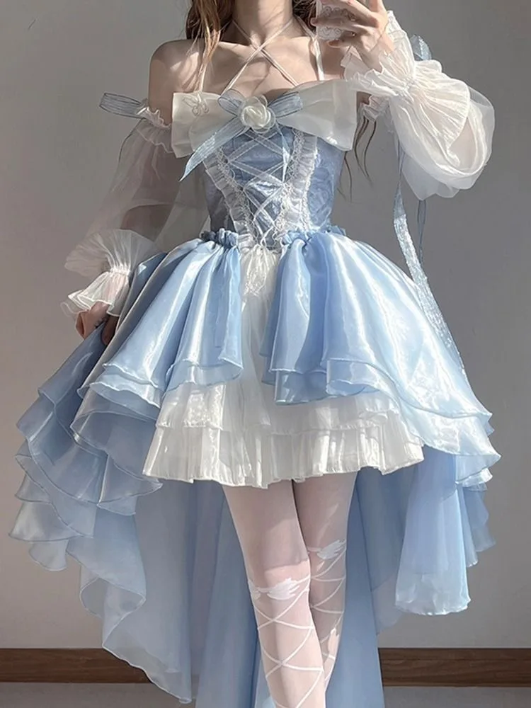 2024 Neues französisches romantisches Lolita-elegantes Kleid, unregelmäßiges Cosplay, Prinzessin, Puffärmel, Schleife, Blumen-Mesh, fantastische Feenkleider