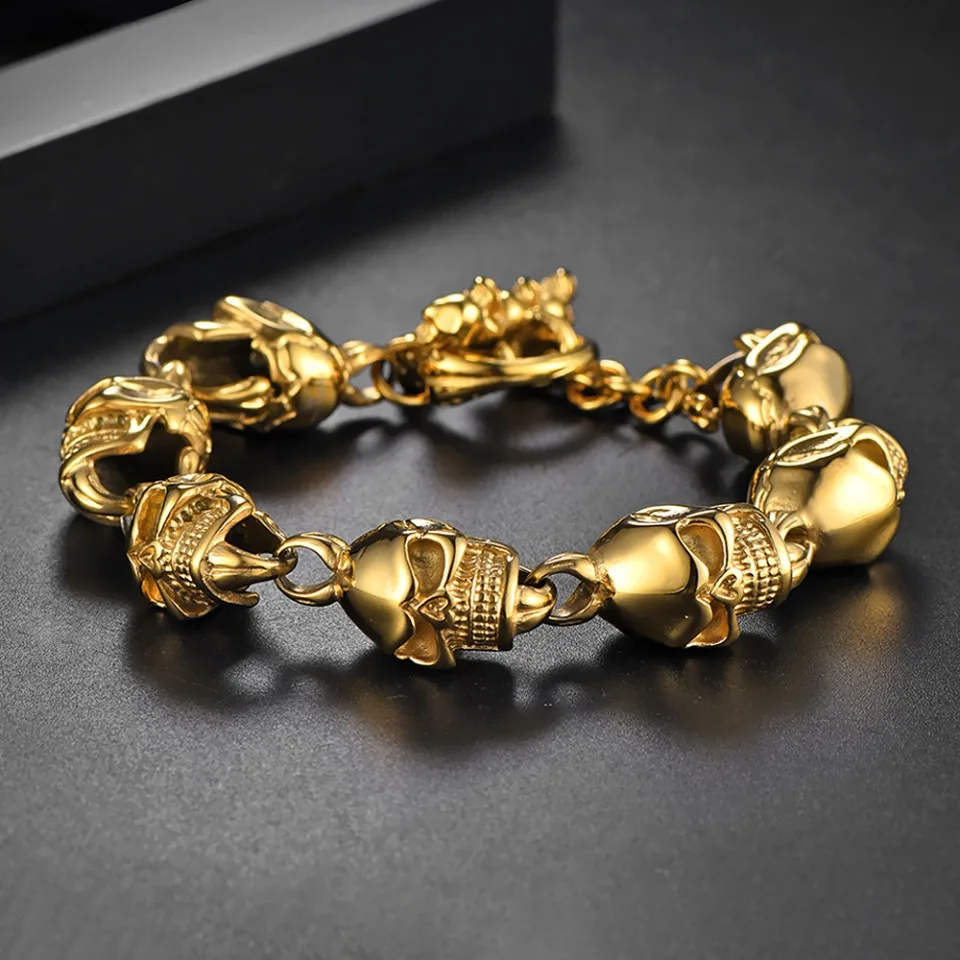 Gothic Vintage Edelstahl Schädel Armband Hip Hop Rock Silber/Schwarz/Gold Farbe Skelett Armbänder männliche Biker Schmuck Geschenke