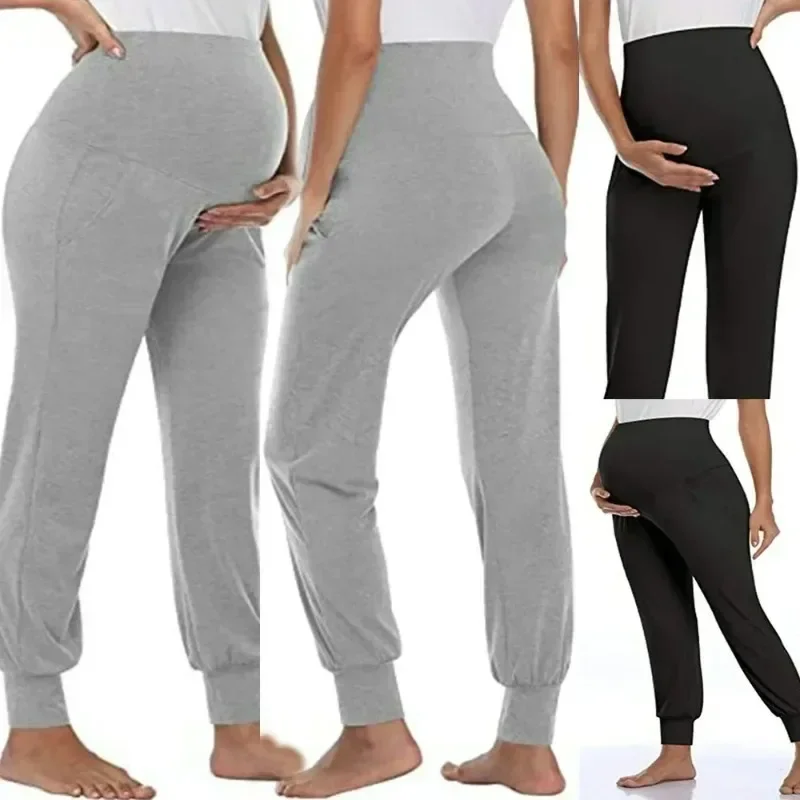 Frühling Mutterschaft frauen Casual Hosen Feste Hohe Taille Strechy Lounge Hosen Für Schwangere Frauen Jogger Mit Taschen Image