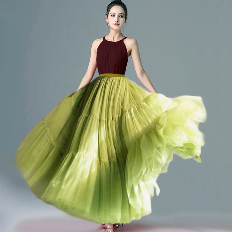Mingli Tengda Gaze Langen Rock Temperament Spleißen Kuchen Rock Große Schaukel Puffy Rock Fee Tüll Braut Elegante Petticoat Frau