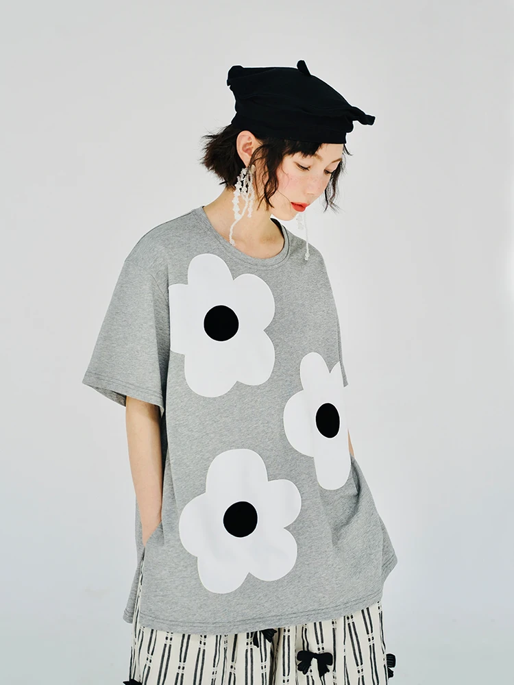 Imakokoni original applikation reine baumwolle grau T-shirt pullover kurzarm shirt beiläufige lose große größe sommer weibliche 223602